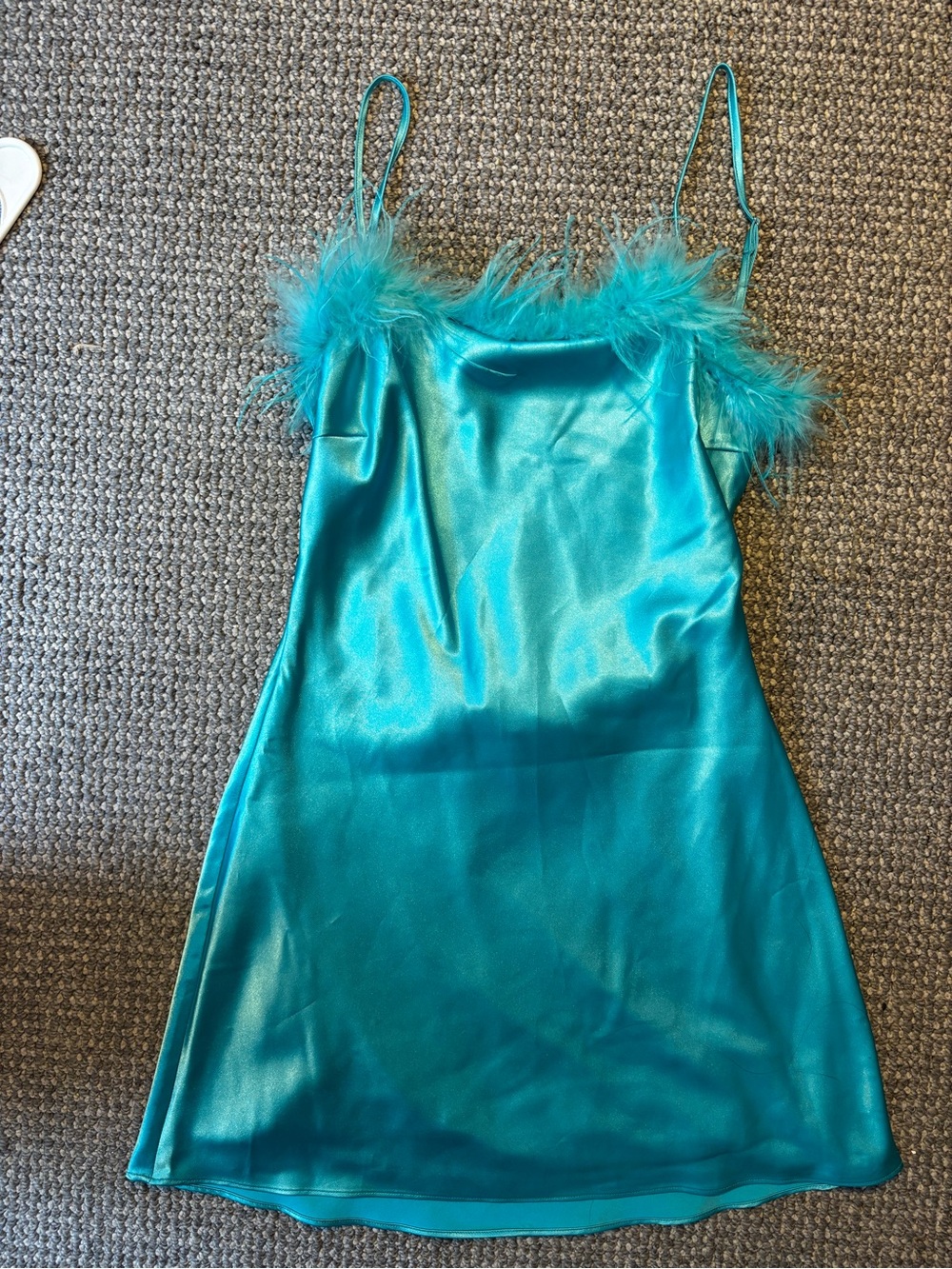 Satin Slip Dress with Feather Trim - Teal